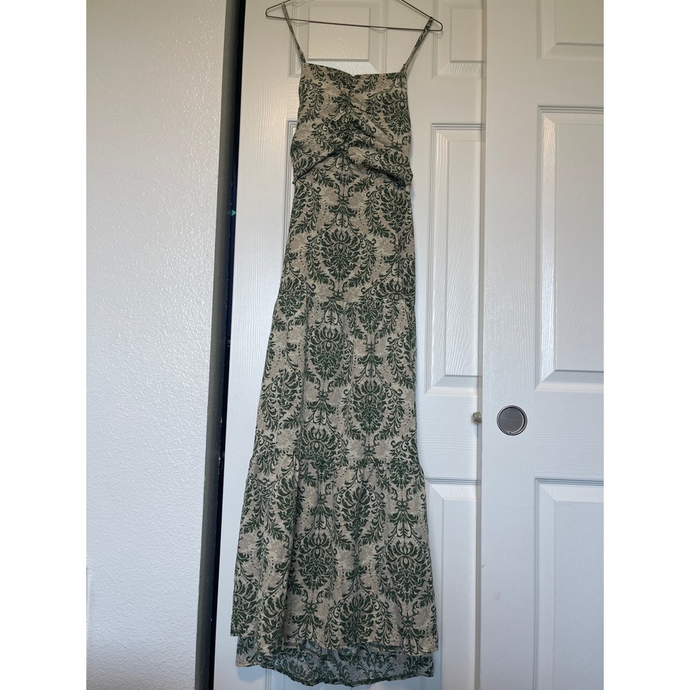 Womens Maxi Dress Green Damask Print Smocked Bodice Tie Waist Long